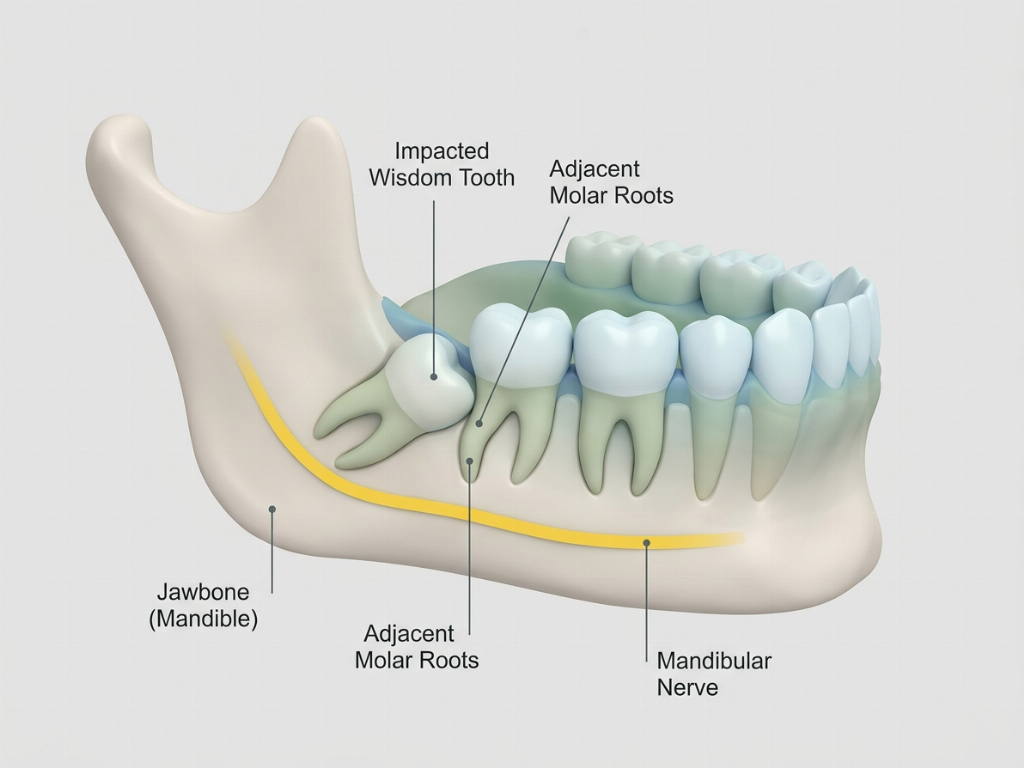 Advanced 3D CT imaging identifies the exact position of the tooth and nearby nerves.