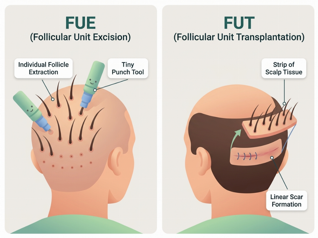 Comparison of FUE (individual follicle extraction) and FUT (strip harvesting) techniques.