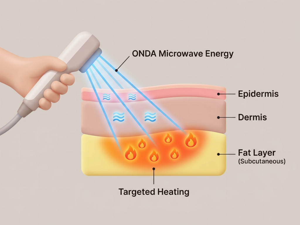 ONDA Coolwaves™ selectively targeting subcutaneous fat while bypassing the dermis.