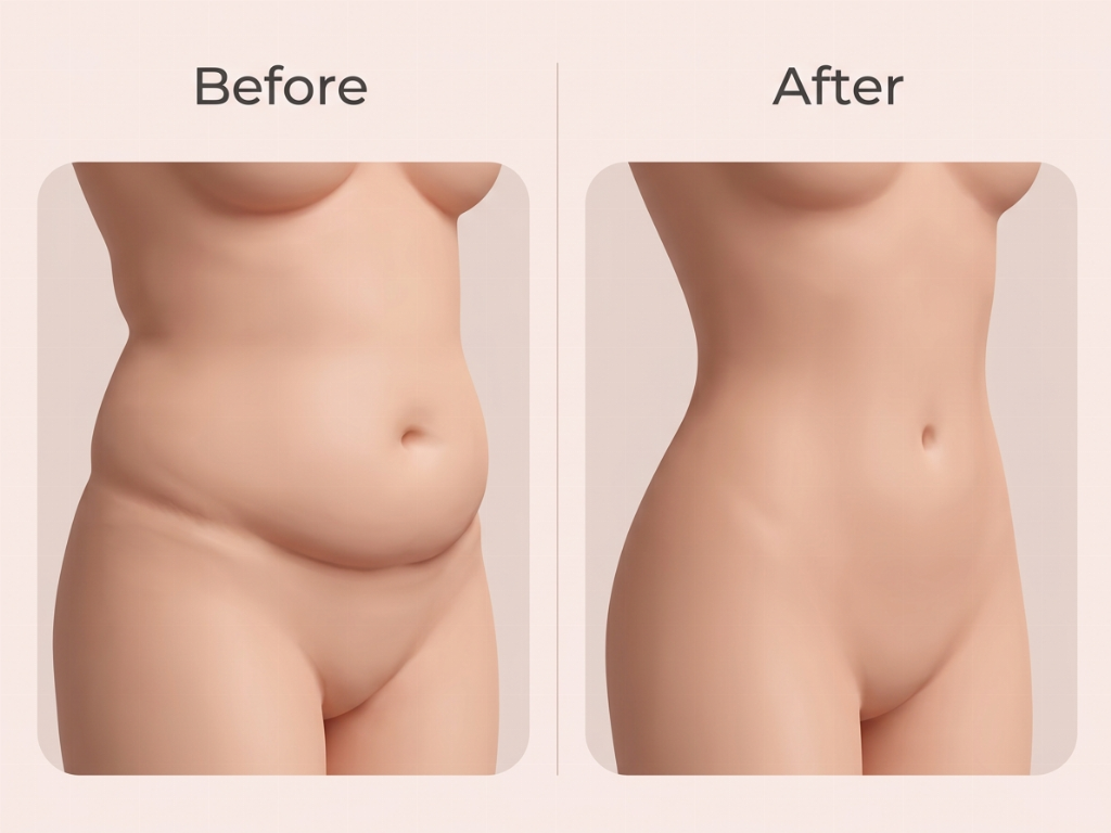 Visible reduction in abdominal circumference and improved skin firmness after ONDA treatment.