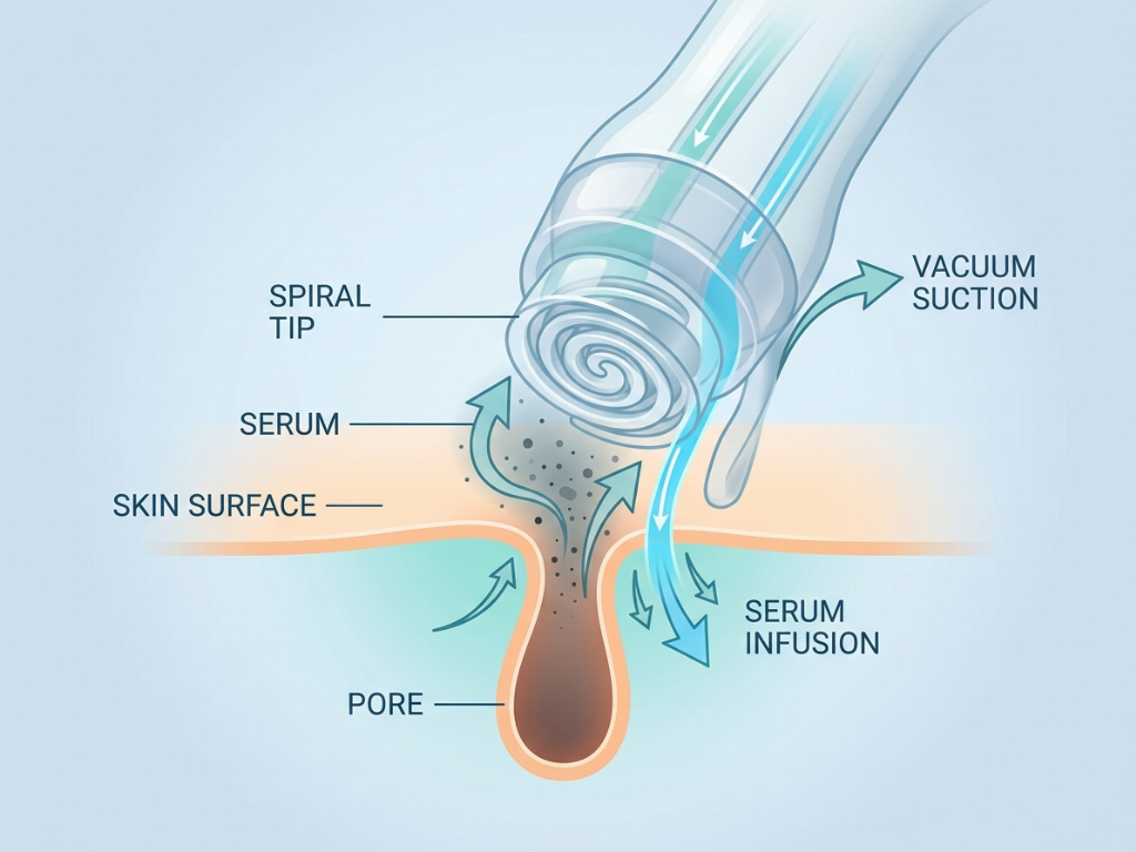 The Aquapeel device uses a specialized tip to simultaneously suction impurities and infuse serums.