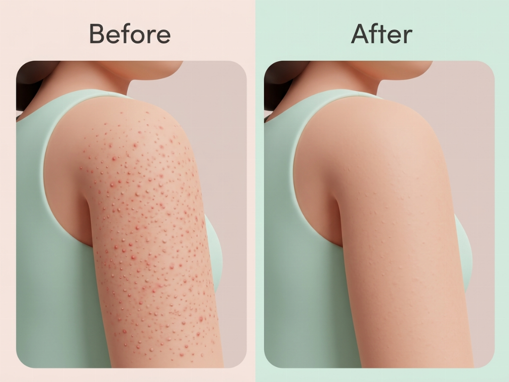 Improvement in skin texture and redness on the upper arm after Keratosis Pilaris treatment.