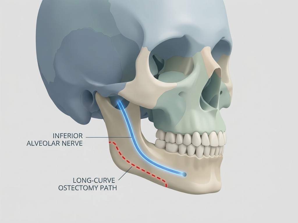 Precise surgical planning using 3D-CT to identify nerve pathways and the bone resection line.
