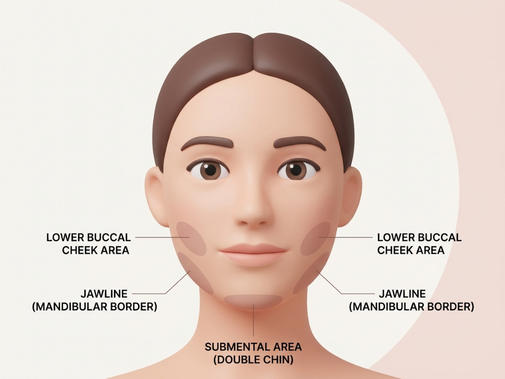 Common treatment areas for Half Cut Injections including the jawline and submental fat.