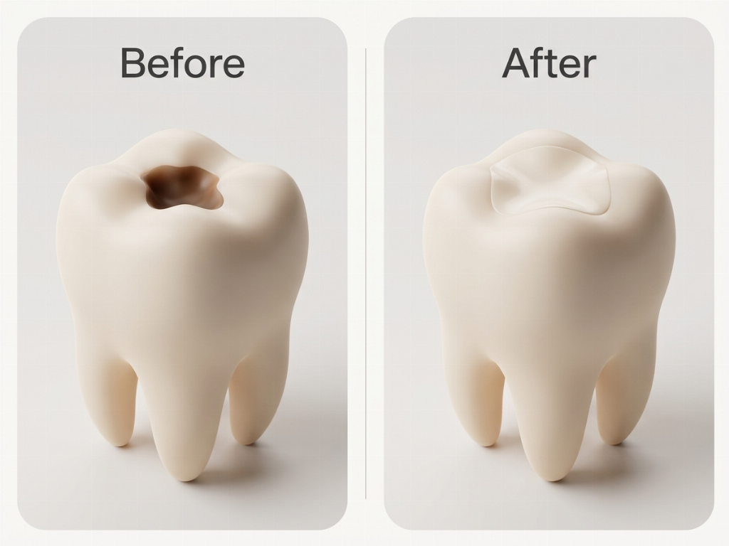 A natural-looking restoration of a decayed molar using tooth-colored composite resin.
