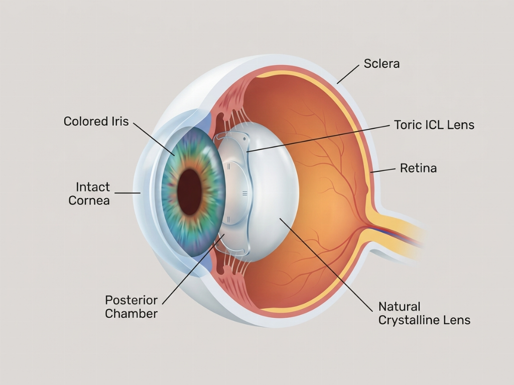 The Toric ICL is positioned behind the iris and in front of the natural lens.