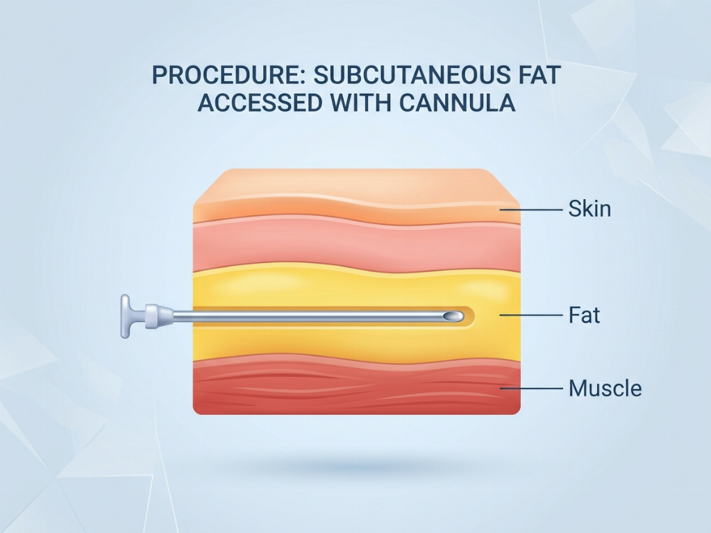 The cannula targets the subcutaneous fat layer while avoiding muscle tissue.