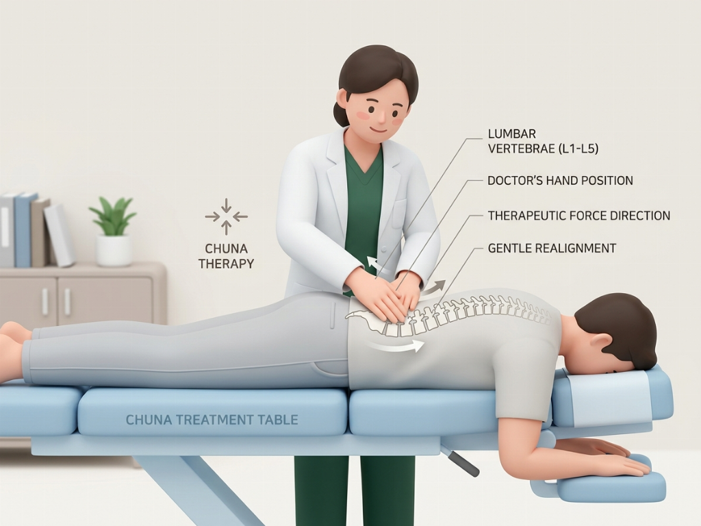 Chuna therapy involves manual realignment of the spine and joints.