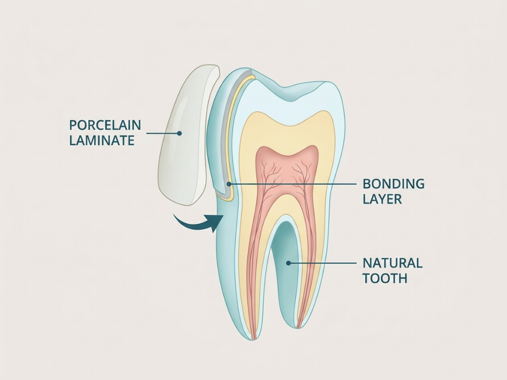 A dental laminate is a thin ceramic shell bonded to the prepared front surface of the tooth.