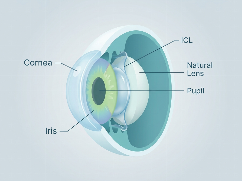 The ICL is positioned behind the iris and in front of the natural lens.