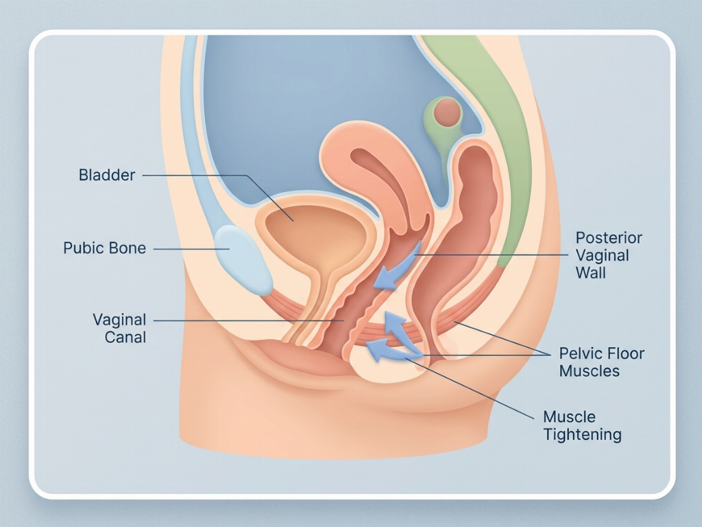 The procedure involves tightening the underlying pelvic muscles and removing excess lining.