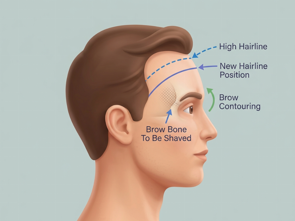 Surgical approach for forehead reduction and brow bone shaving