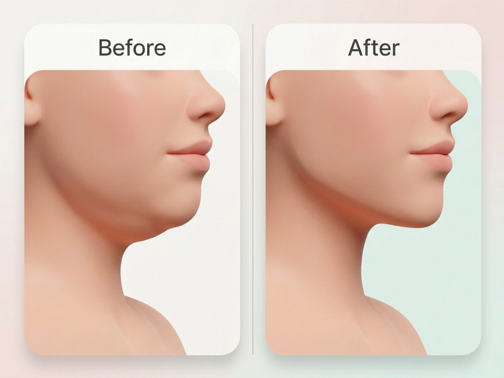 Visible reduction in submental fat and improved jawline definition.