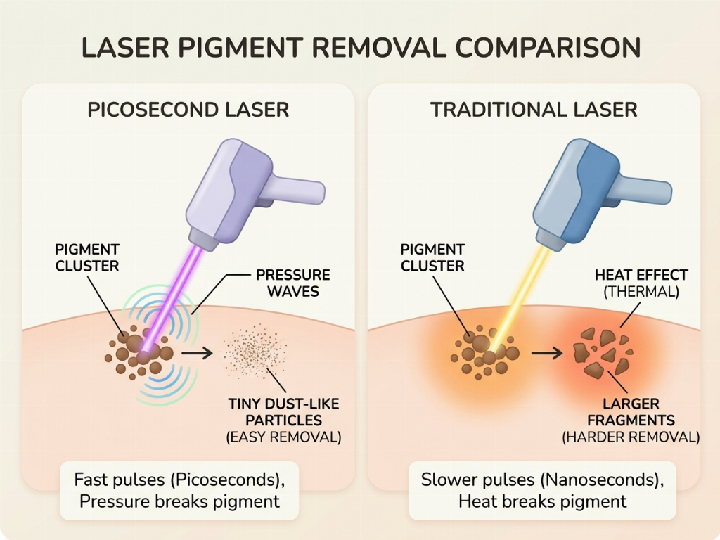 Picosecond lasers use pressure waves rather than heat to shatter pigment.