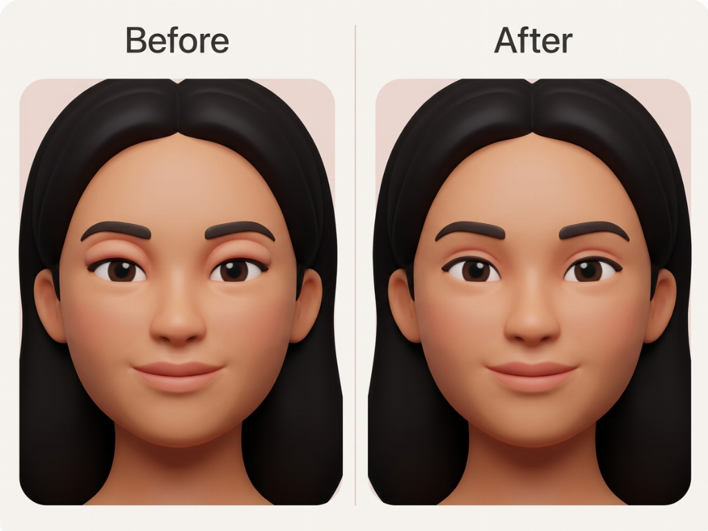 Correction of an unnaturally high and thick crease to a more natural, lower fold.
