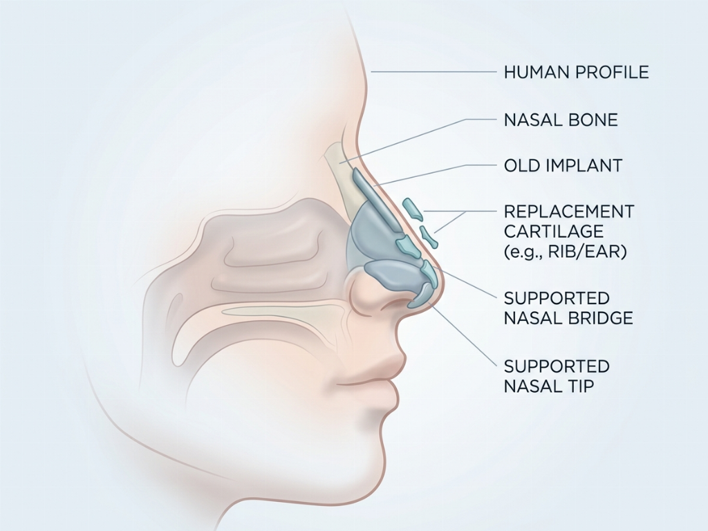 Revision techniques often involve using autologous cartilage to rebuild a weakened nasal structure.