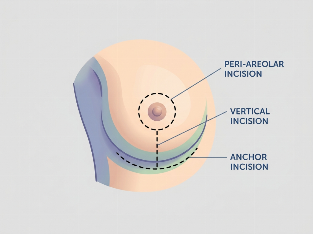 Common incision patterns: Periareolar, Vertical (Lollipop), and Inverted-T (Anchor).