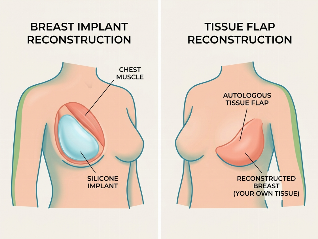 Two primary methods: Implant-based (left) and Autologous Flap (right) reconstruction.